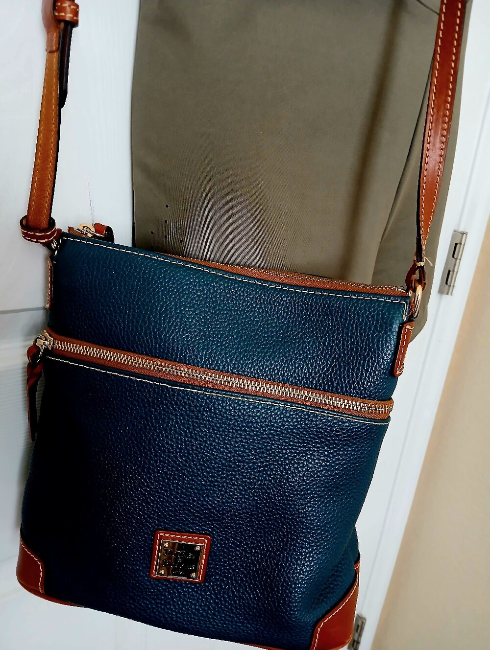 Dooney & Bourke Navy Pebble Leather Crossbody with Tan Trim